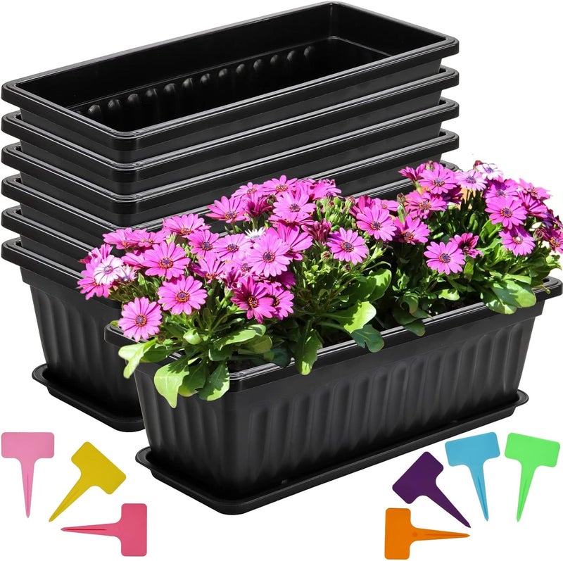 Fasmov 7 Pack 17 Inches Flower Window Box Plastic Vegetable Planters with Trays Vegetables Growing Container Garden Flower Plant Pot with 7 Pcs Plant Labels for Balcony, Patio, Garden, Black - Image 3